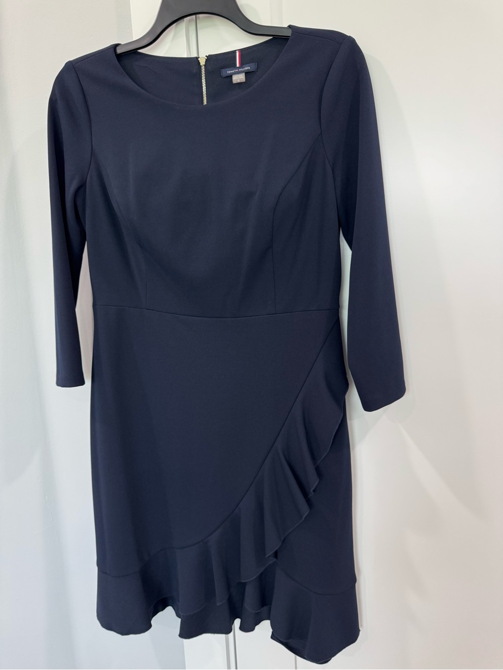Tommy Hilfiger women’s Navy Blue Long-Sleeve Ruffle Dress round neck 12 faux wra